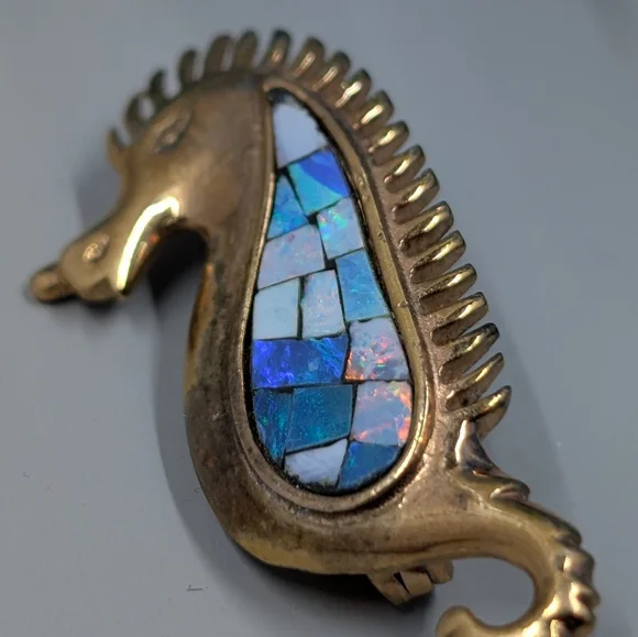 Genuine Opal And 925 Sterling Silver Vintage Seahorse Brooch - Picture 3 of 5